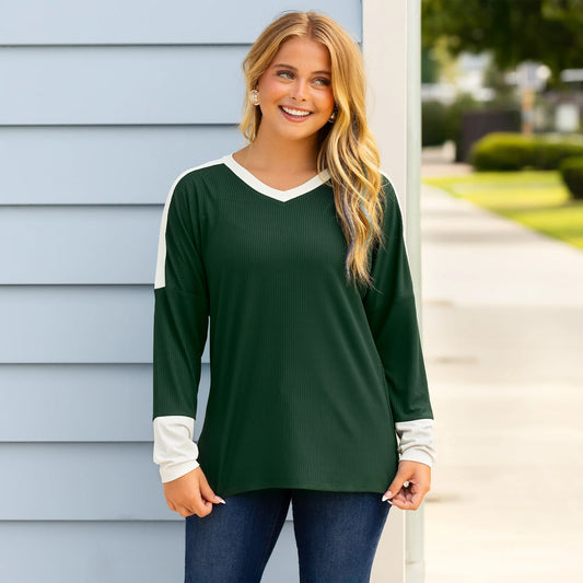 Ribbed Color Block V-Neck Long Sleeve Top - Green
