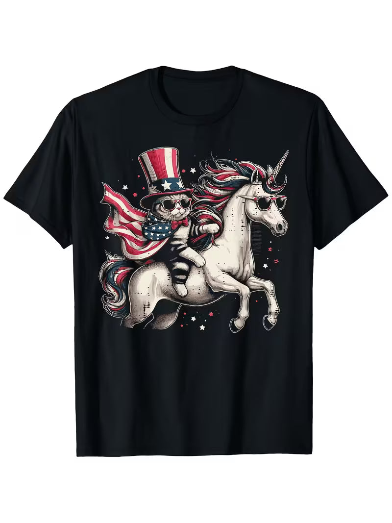 Unisex 4th Of July Cat on Unicorn Vinyl Graphic T-Shirt