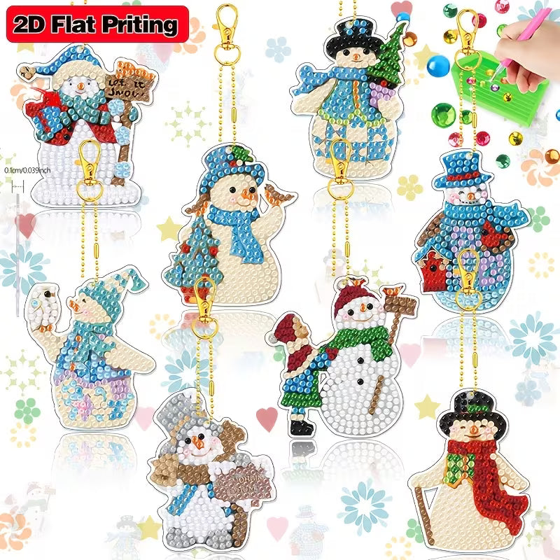 8 Snowman Diamond Art Painting Keychains