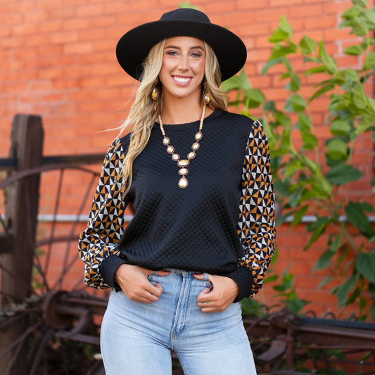 Quilted Geometric Print Long Sleeve Top