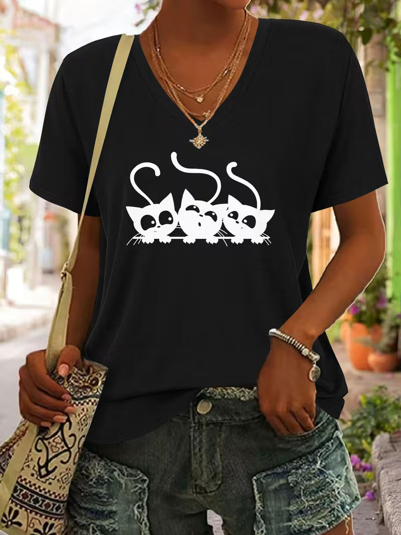 Women's V-Neck Cats Vinyl Graphic T-Shirt