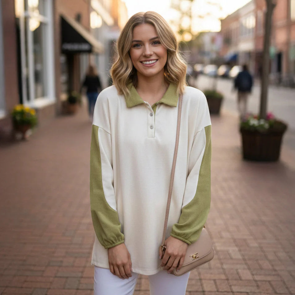 Beige with Avocado Trim Long Sleeve Top