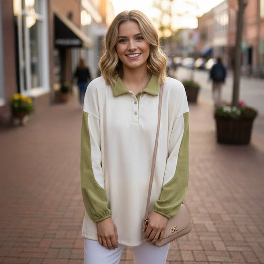 Beige with Avocado Trim Long Sleeve Top