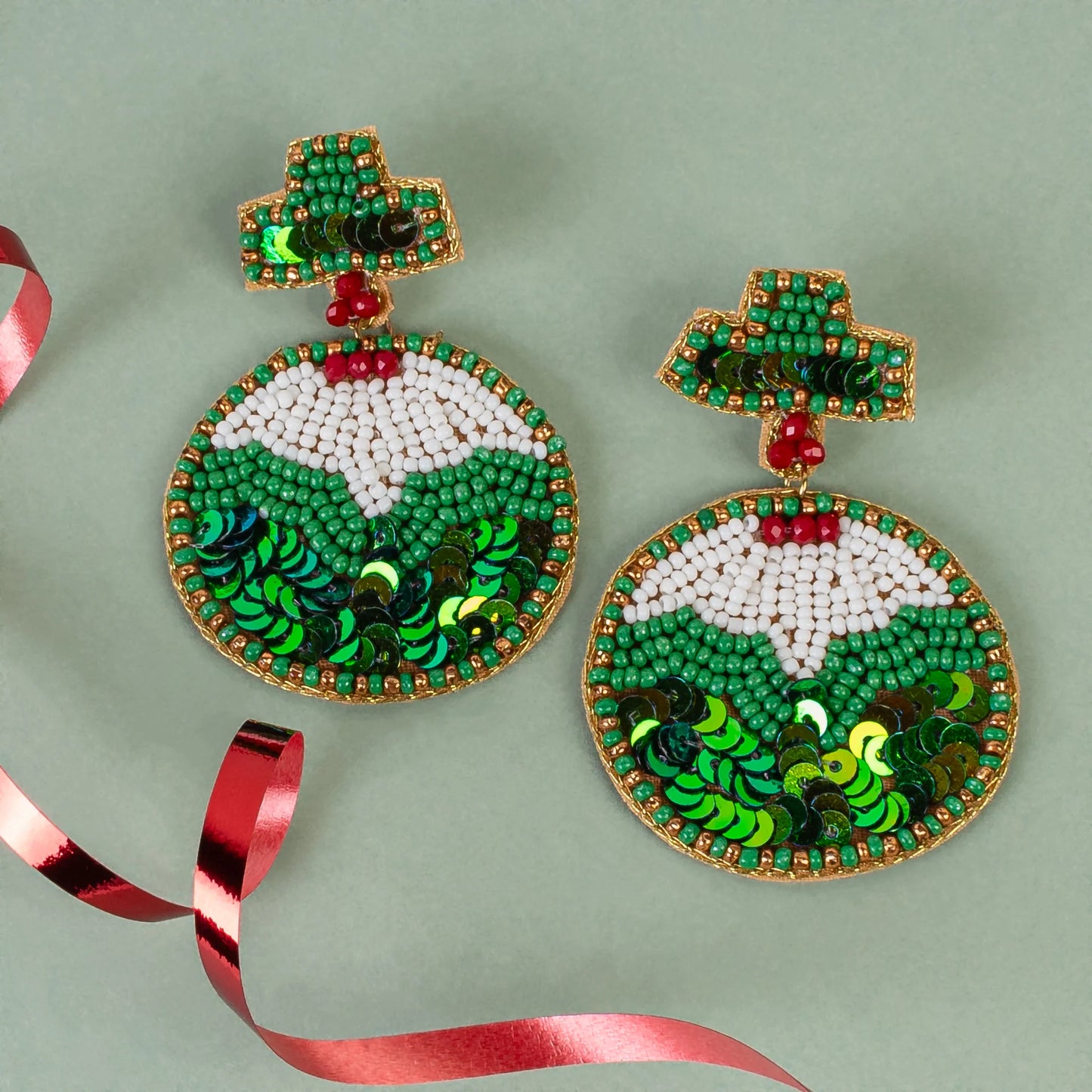 Beaded Christmas Ornament Earrings - Green