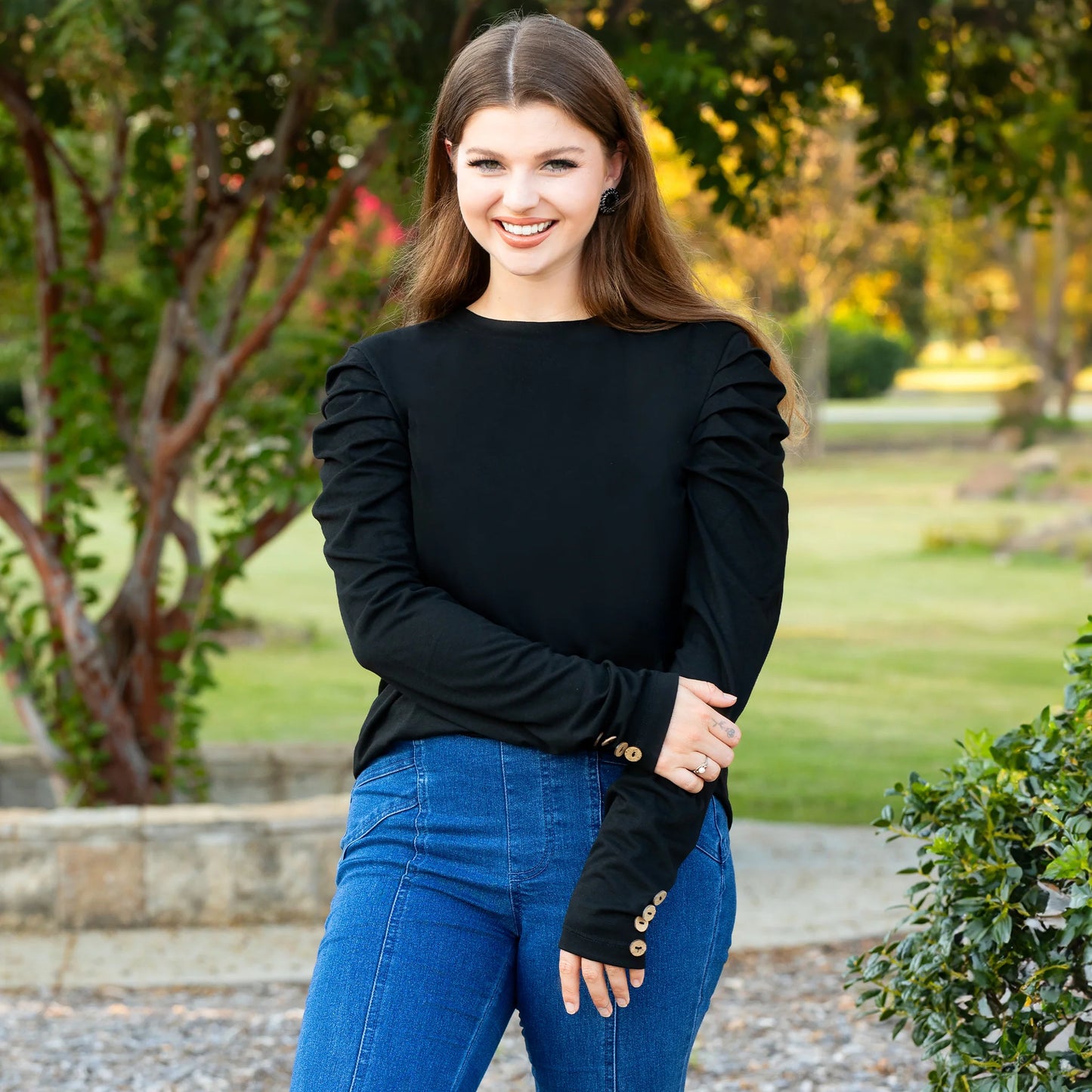 Sunshine & Redeo Ruffle Sleeve Top with Button Accents - Black
