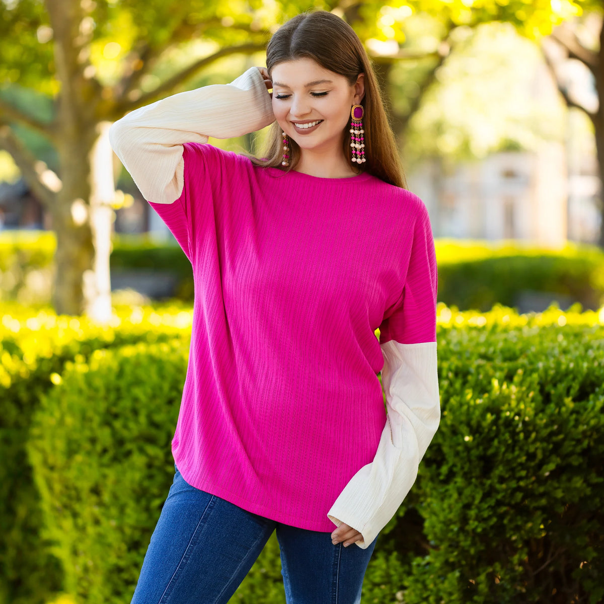 Sunshine & Rodeo Ribbed Color Block Long Sleeve Top Hot Pink
