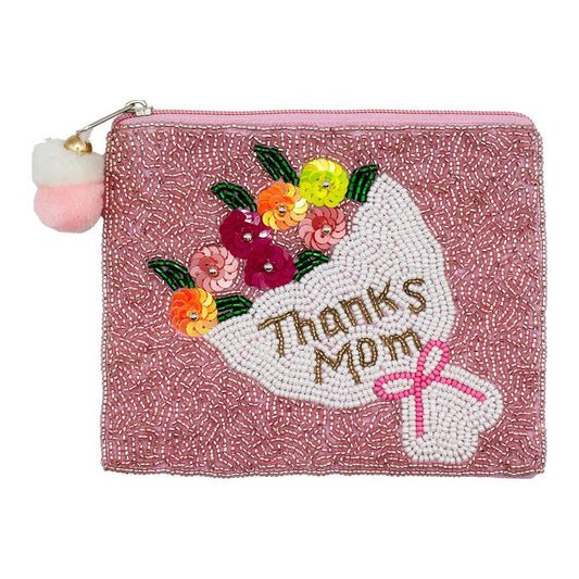 "Thanks Mom" Flower Bouquet Seed Beaded Canvas Bag With Pom Pom Zipper