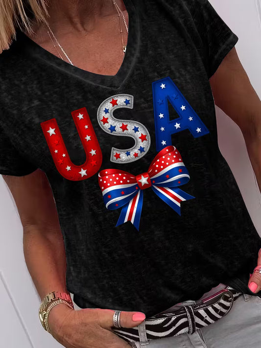 Women's USA V-neck Vinyl Graphic T-Shirt