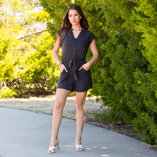 Doorbuster V-Neck Ruffle Sleeve Romper with Pockets -Grey