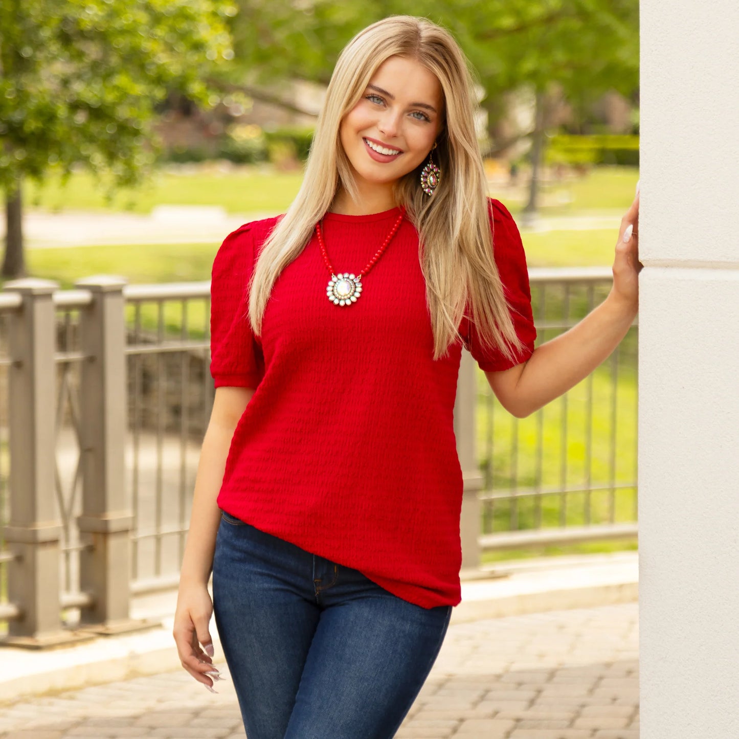 Solid Top with Puffed Sleeves - Red