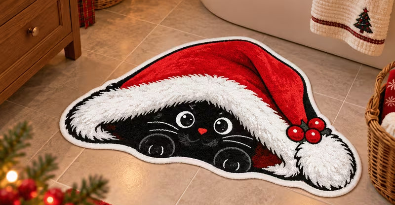 Christmas Hat Cat Shaped Bath/Bedroom/Kitchen Rug