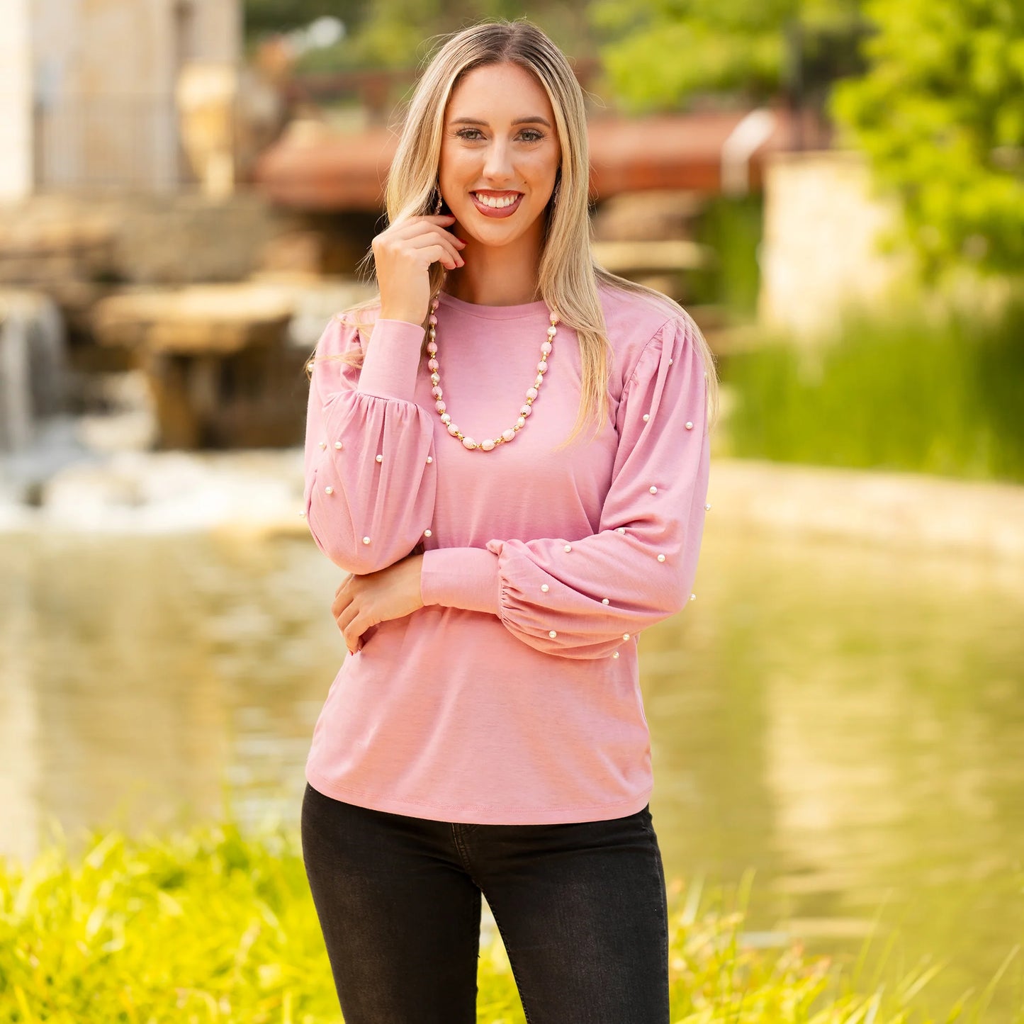 Pearl Embellished Long Sleeve Top - Pink