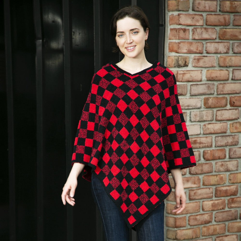 Checkered Print Poncho - Red and Black