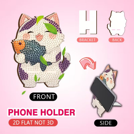 Preorder Wooden Cat with Fish Diamond Art Phone Stand