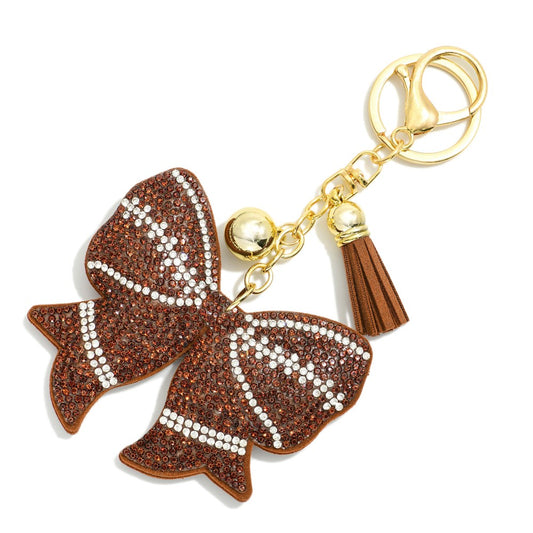 Rhinestone Studded Puffer Sports Ball Bow Keyring With Tassel