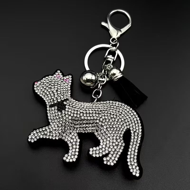 Rhinestone Silver Cat Keychain