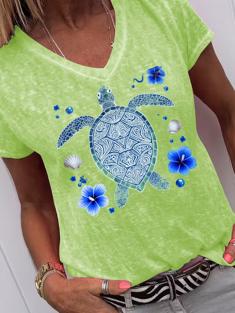 Women's Turtle V-neck Vinyl Graphic T-Shirt