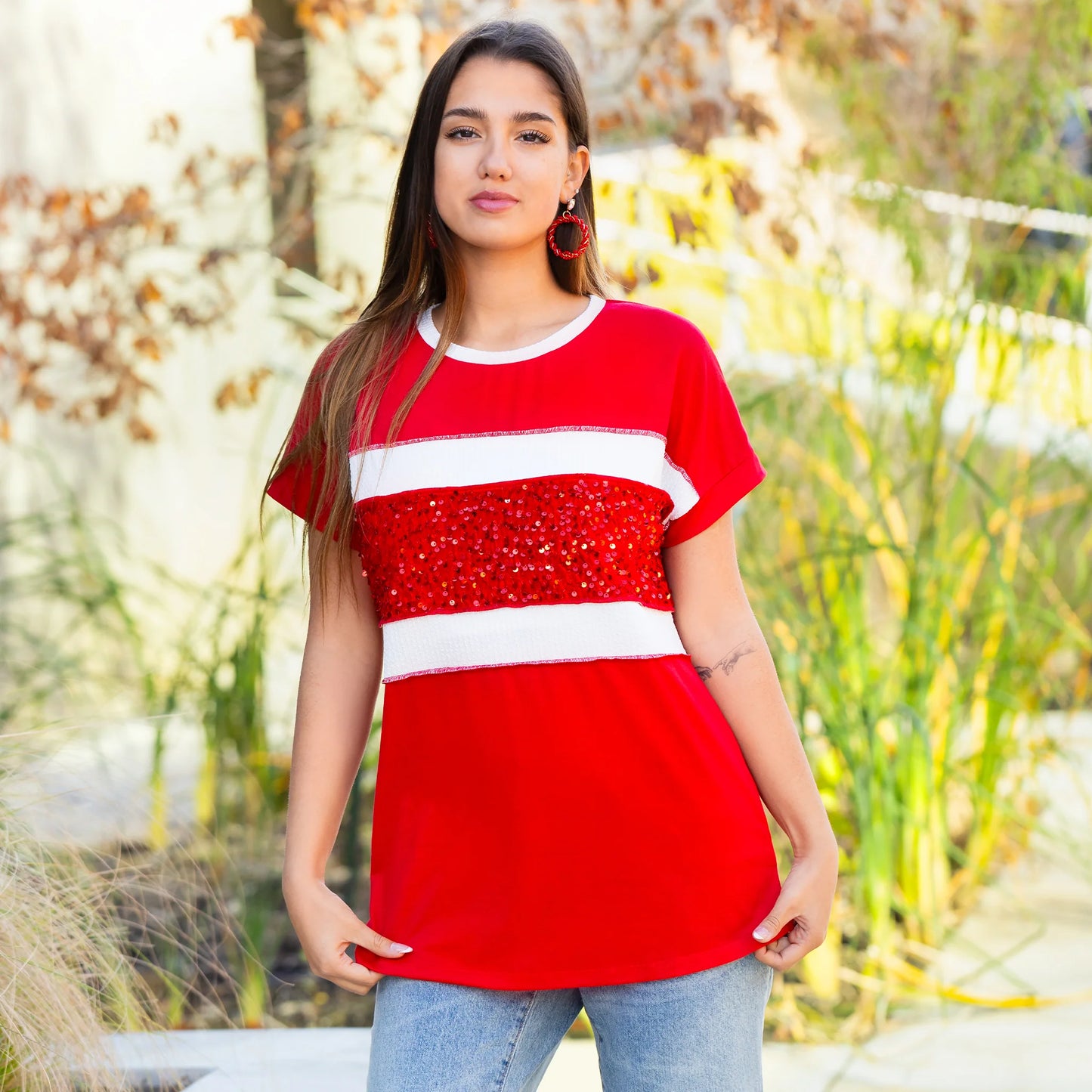 Sunshine & Redeo Striped Sequin Half Sleeve Top - Red