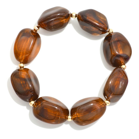 Marbled Acetate Pebble Beaded Stretch Bracelet - Brown