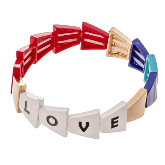 Gold Tone Enamel Coated Triangle "Love" Letter Color Block Stretch Bracelet