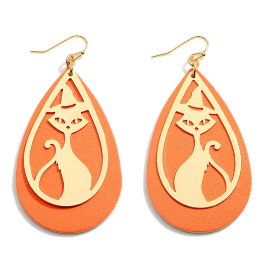Halloween Leather Teardrop Earrings Featuring Jack-O-Lantern Details.