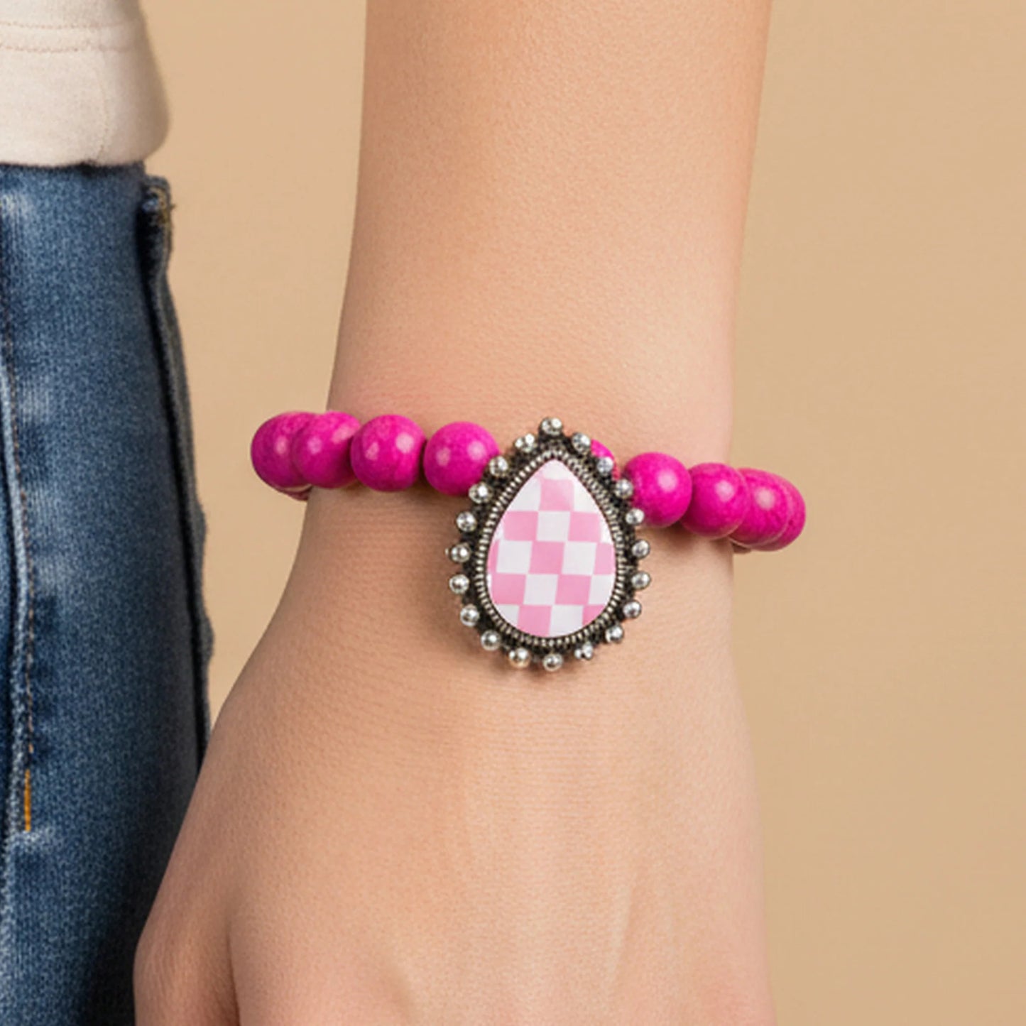 Checkered Squash Blossom Bracelet - Fuchsia