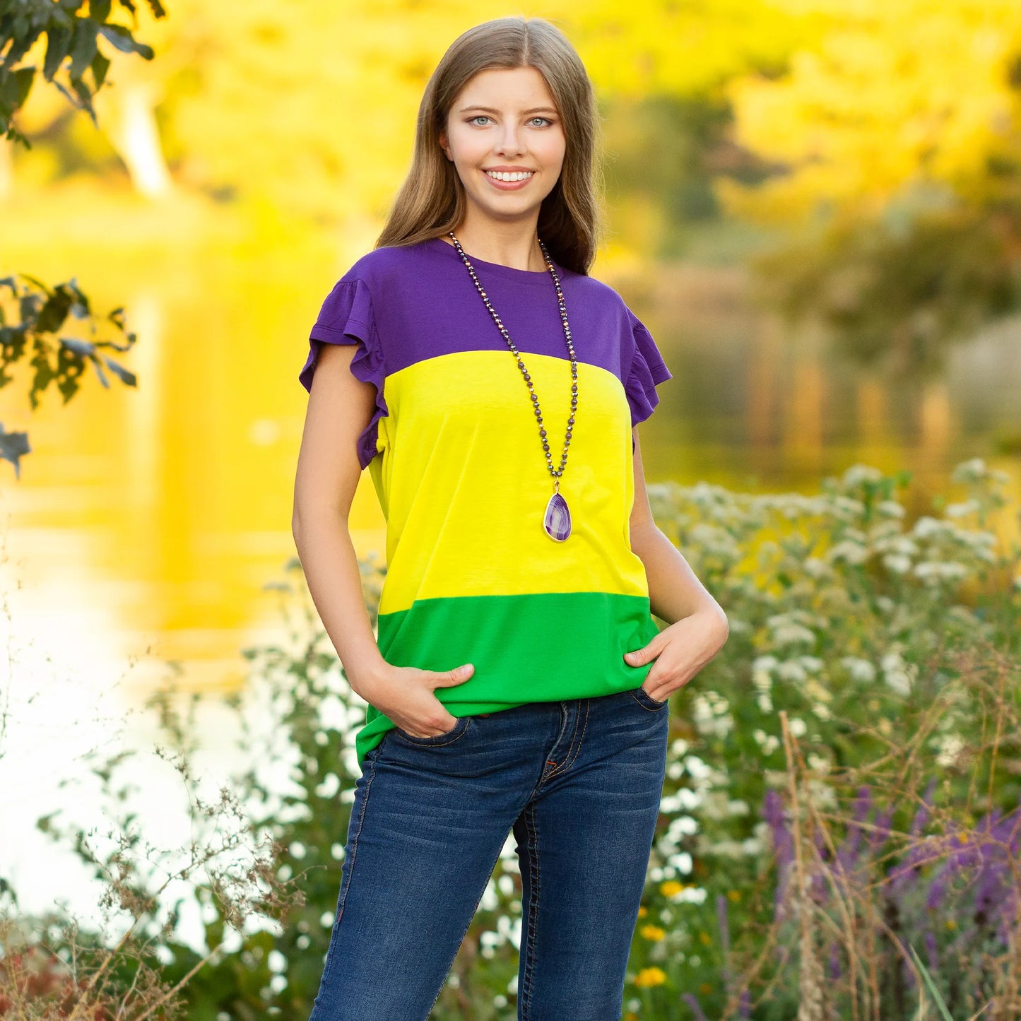 Mardi Gras Color Block Top with Butterfly Sleeves