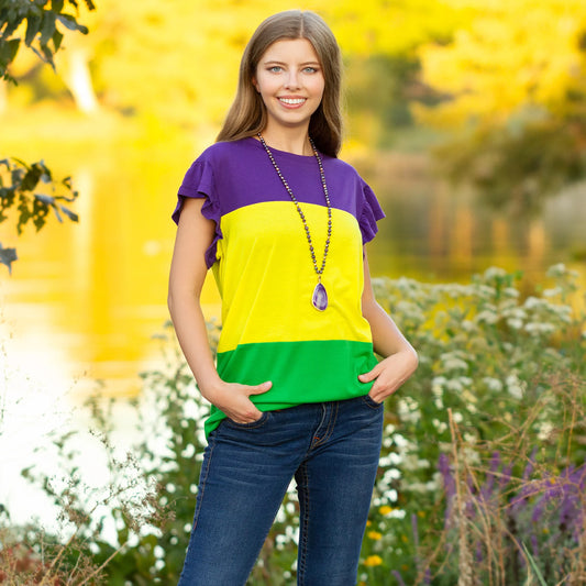 Mardi Gras Color Block Top with Butterfly Sleeves