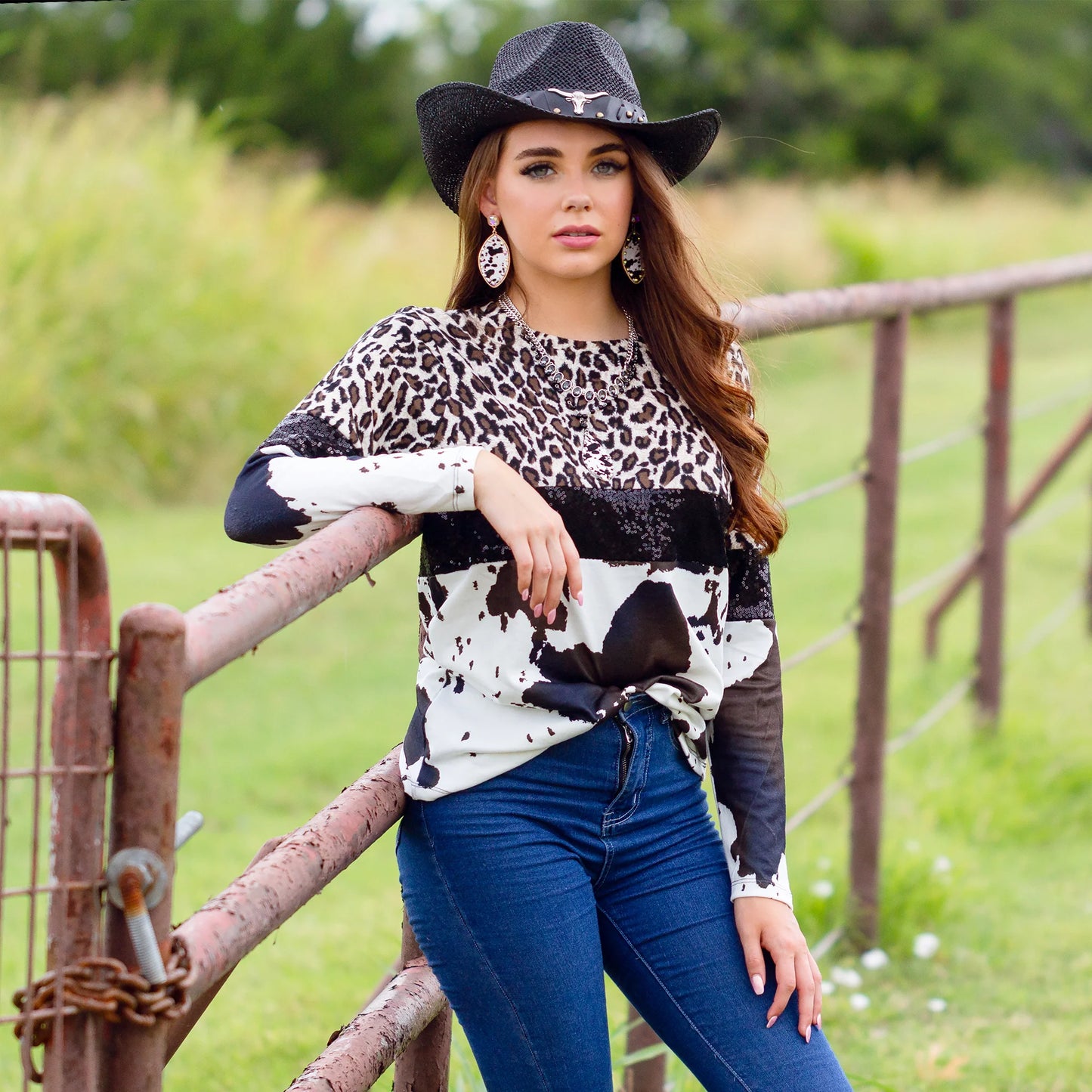 Leopard and Cowprint Sequin Long Sleeve Top
