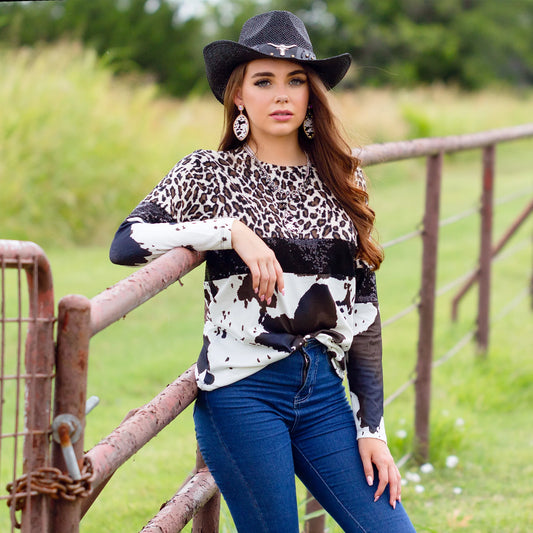 Leopard and Cowprint Sequin Long Sleeve Top