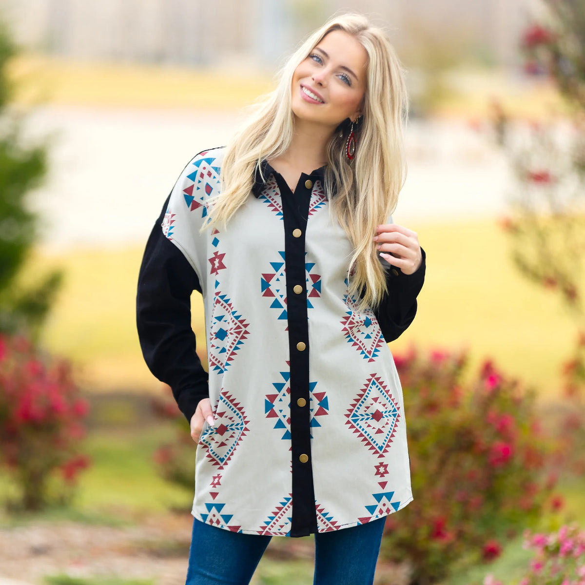 Sunshine & Rodeo Western Geometric Print Shacket with Pockets