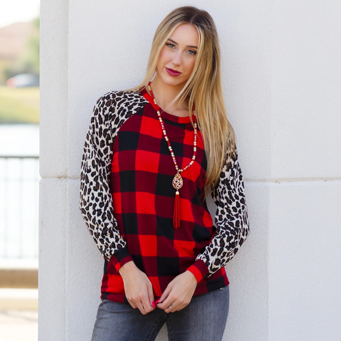 Sunshine & Redeo Buffalo Plaid Top with Leopard Sleeves