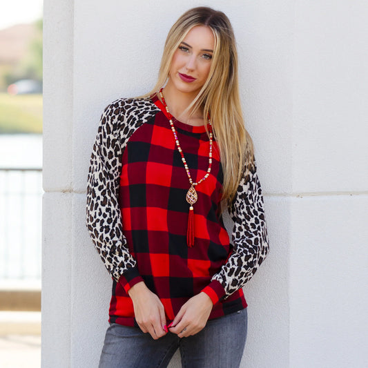 Sunshine & Redeo Buffalo Plaid Top with Leopard Sleeves