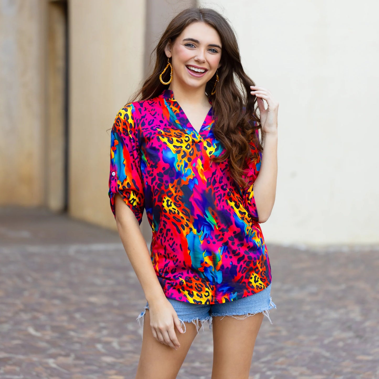 V-Neck Multicolor Leopard Top with 3/4 Sleeves