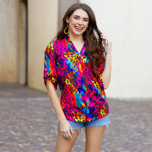 V-Neck Multicolor Leopard Top with 3/4 Sleeves
