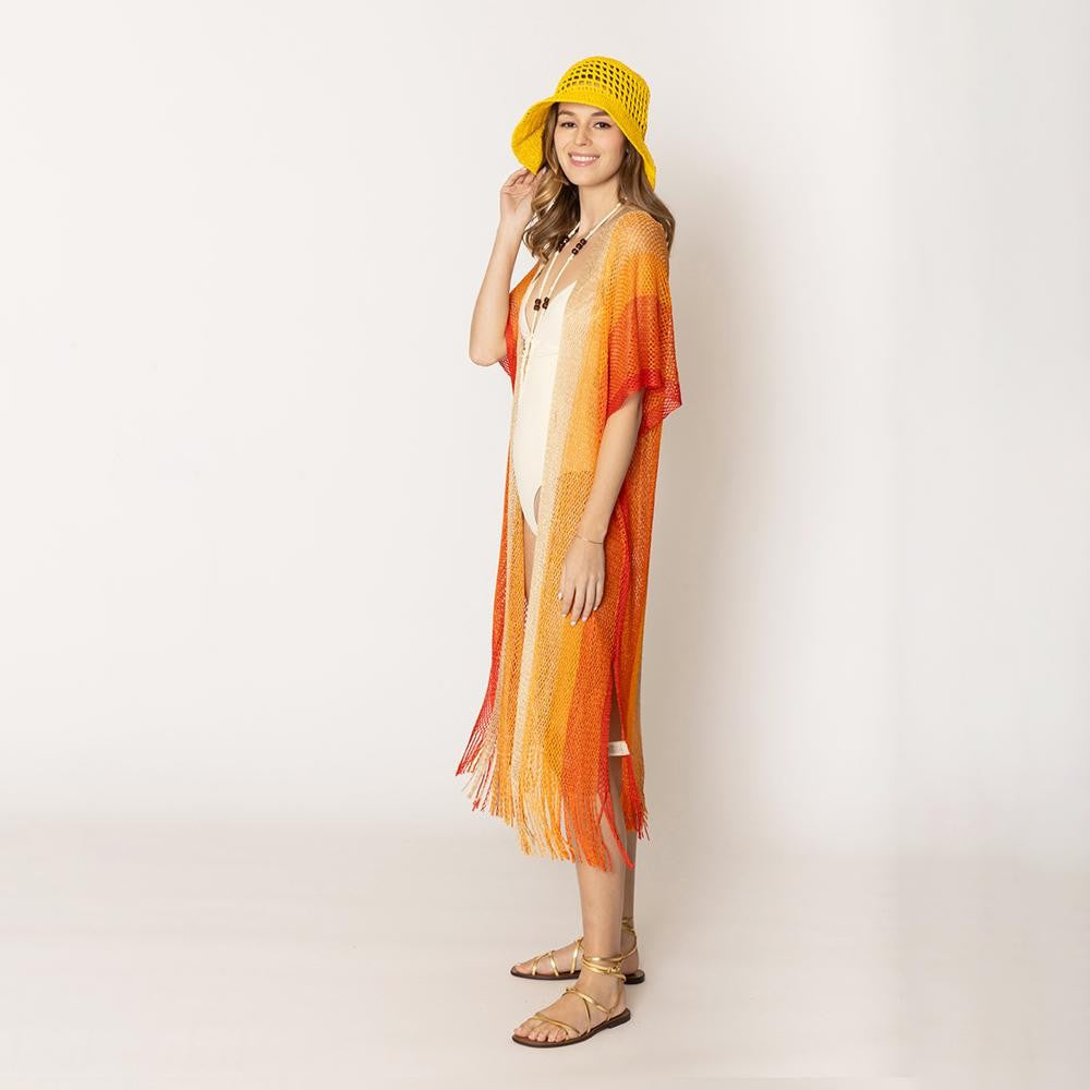 Do Everything In Love Two Tone Lurex Kimono With Fringe Detail - Orange