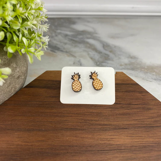 Wooden Stud Earrings - Pineapple)
