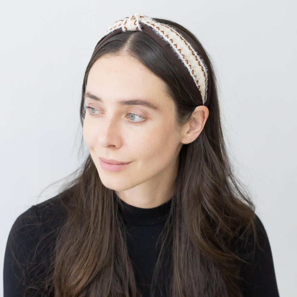 Wrapped Headband With Plaid And Top Knot Detail - Ivory