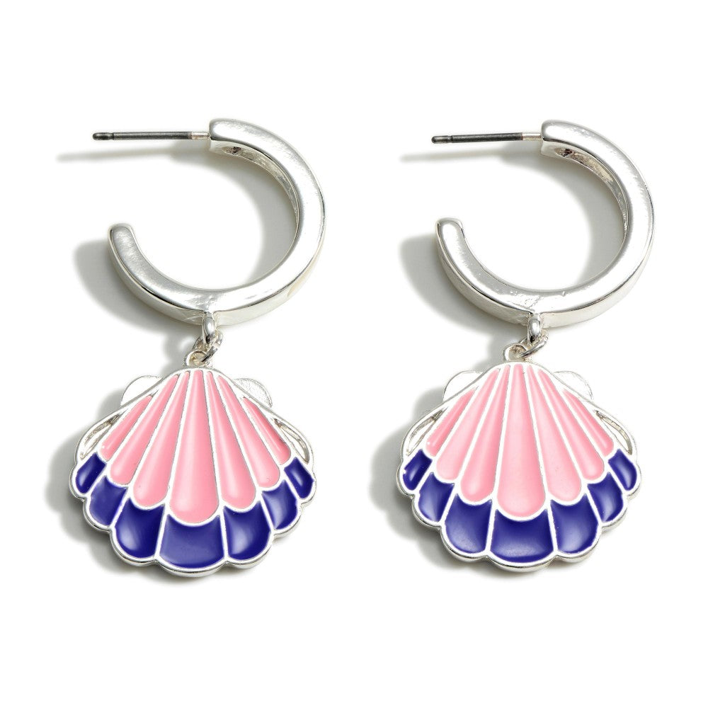 Silver Hoop Earring With Enameled Seashell Charm