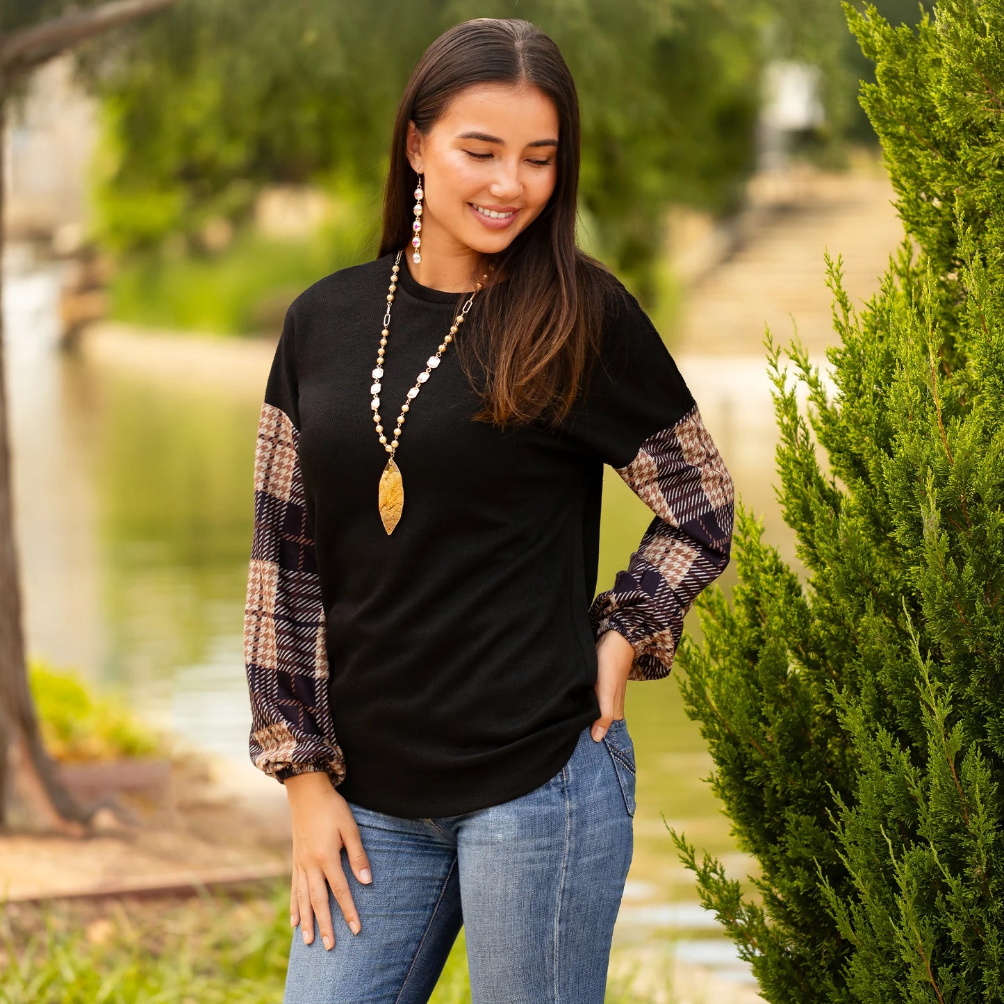 Sunshine & Redeo Plaid Stripes Print Long Sleeve Top