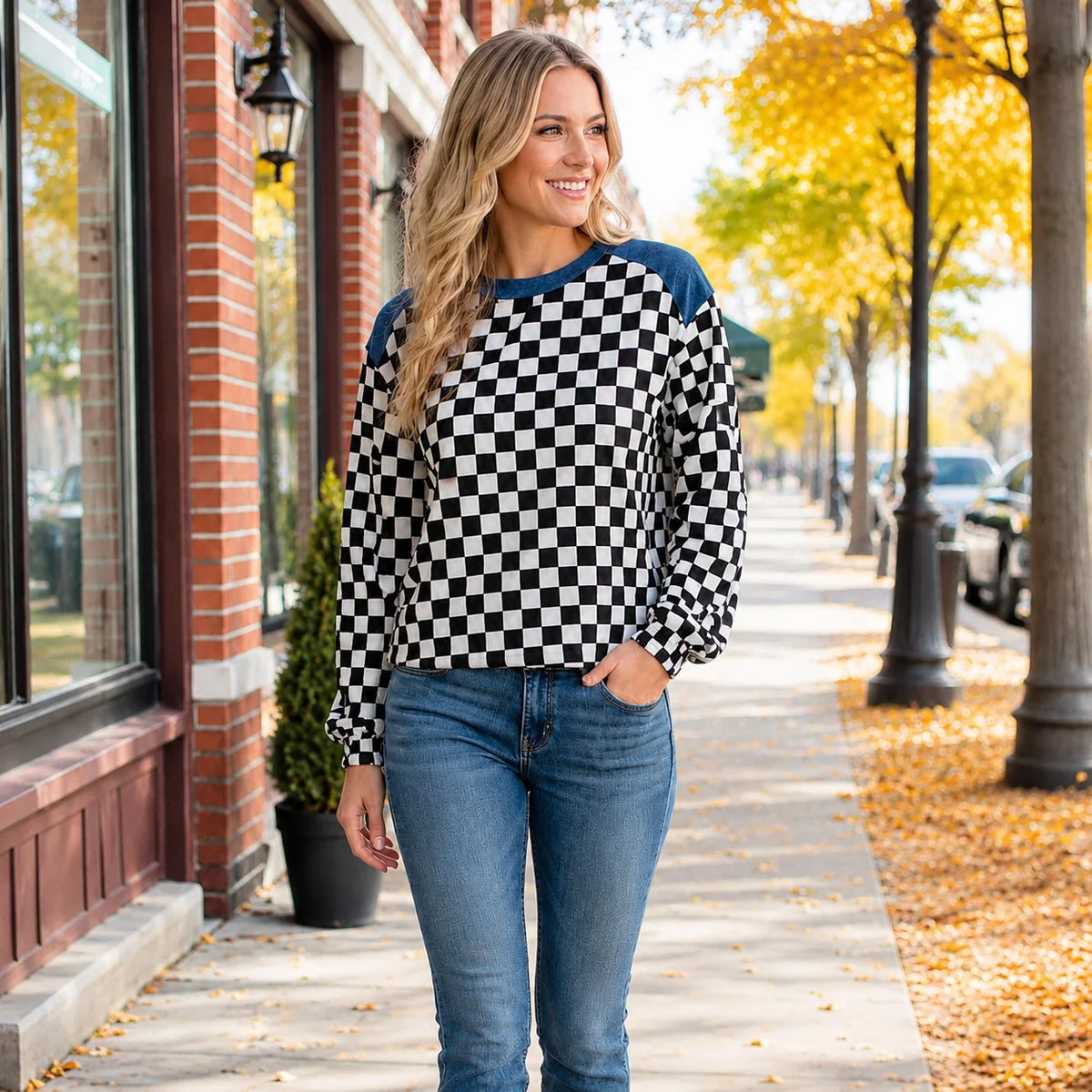 Sunshine & Rodeo Black & White Checkered Long Sleeve Top with Denim Accents