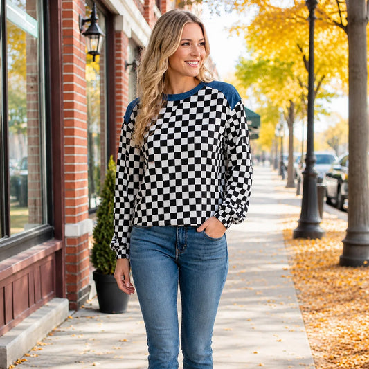 Sunshine & Rodeo Black & White Checkered Long Sleeve Top with Denim Accents