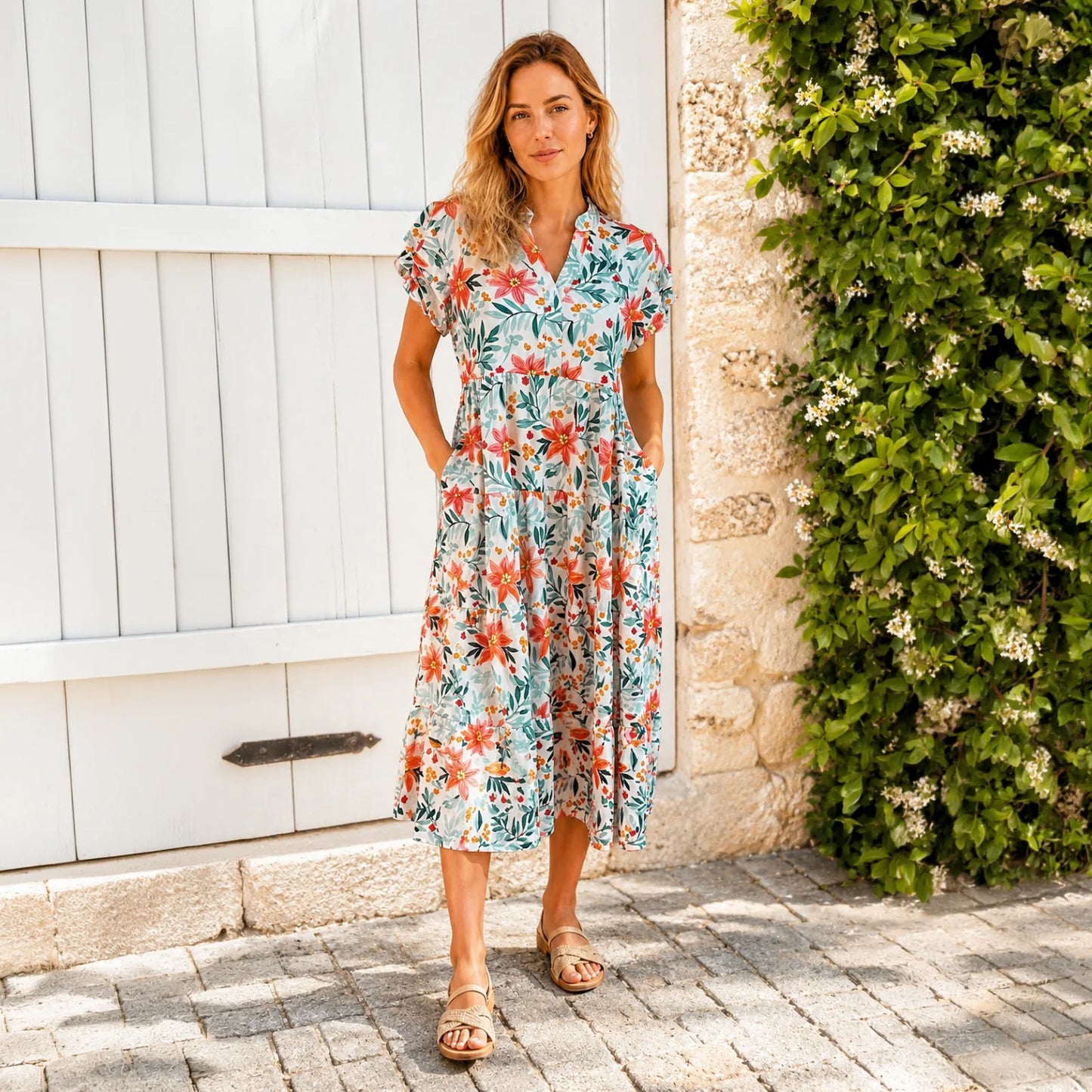 Multi Floral Ruffle Sleeve Dress with Pockets