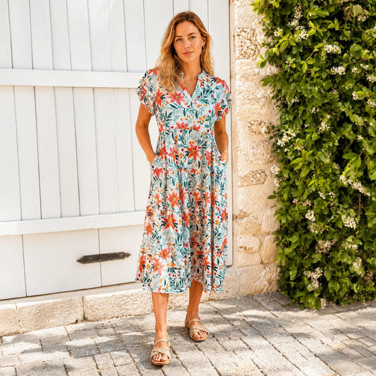 Multi Floral Ruffle Sleeve Dress with Pockets