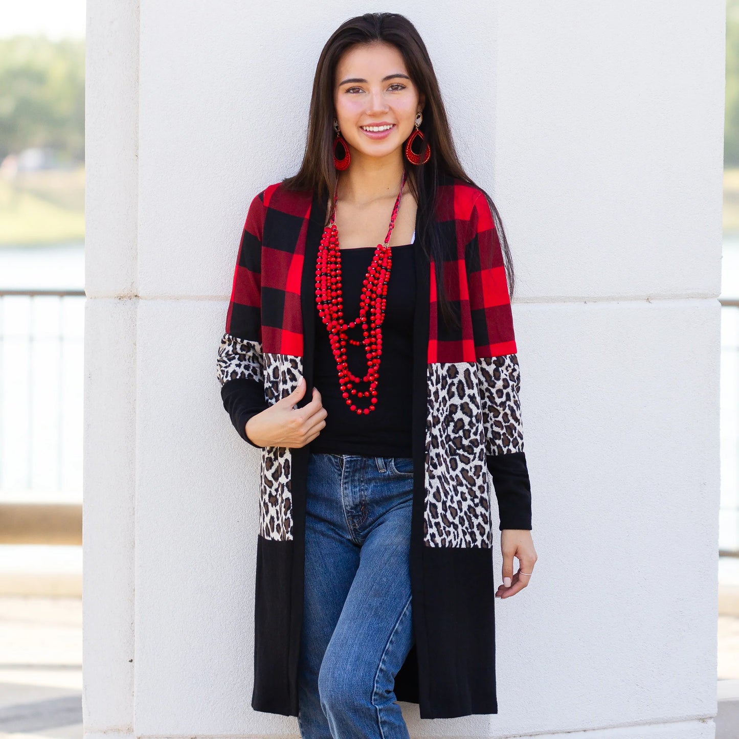 Buffalo Plaid and Leopard Color Block Cardigan with Pockets