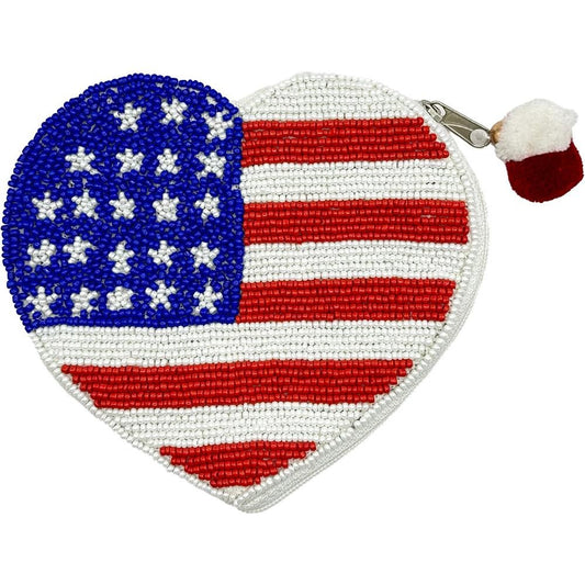 Americana Heart Seed Beaded Canvas Bag With Pom Pom Zipper