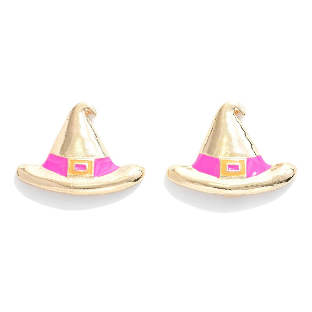 Witch Hat Stud Earrings with Enamel and Gold Accents Pink