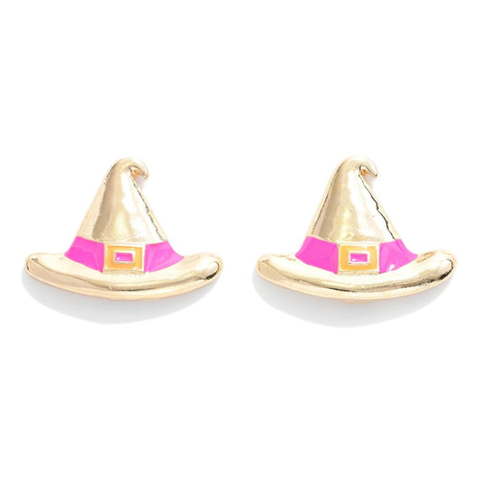 Witch Hat Stud Earrings with Enamel and Gold Accents Pink