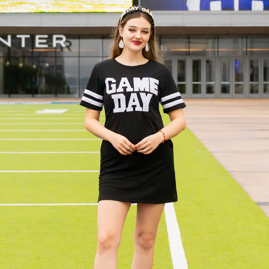 Sunshine & Redeo Game Day Sequin T Shirt Dress with Pockets - Black