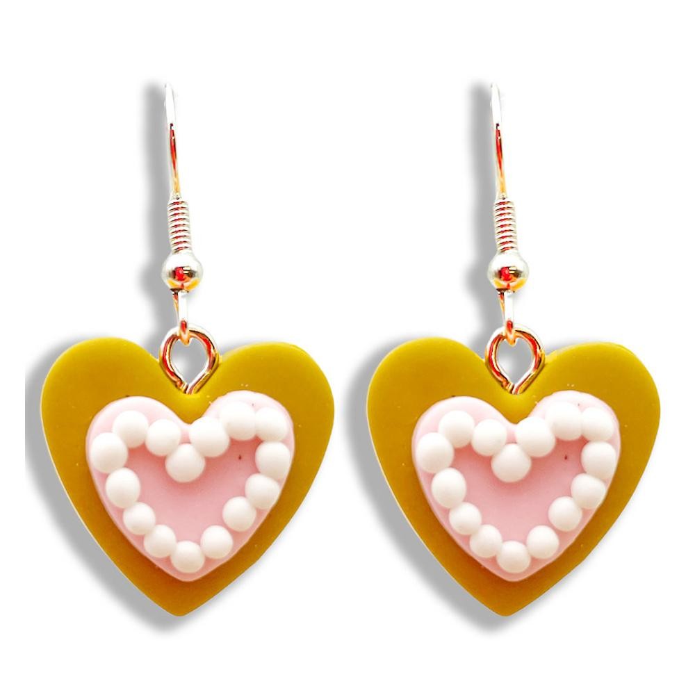 Polymer Clay Heart Cookie Drop Earrings